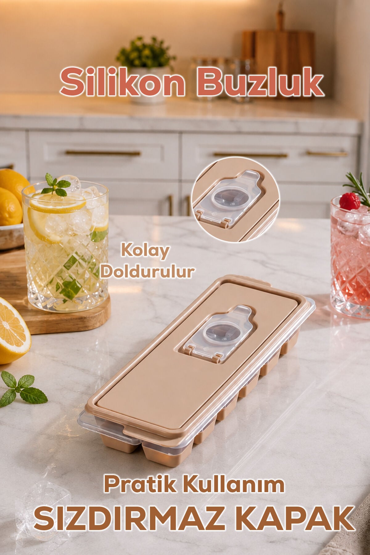 4518 Silikon Buz Kalıbı Kapaklı – Dökmeden Kolay Dolum, BPA İçermez, Pratik Buz Yapma Kabı-Buzluk-Cappuccino