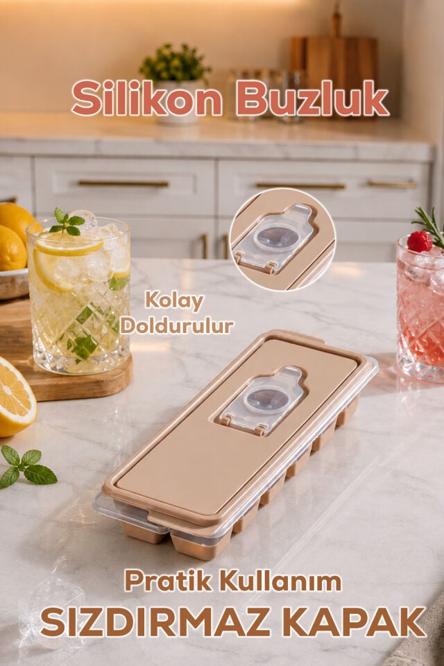 4518 Silikon Buz Kalıbı Kapaklı – Dökmeden Kolay Dolum, BPA İçermez, Pratik Buz Yapma Kabı-Buzluk-Cappuccino