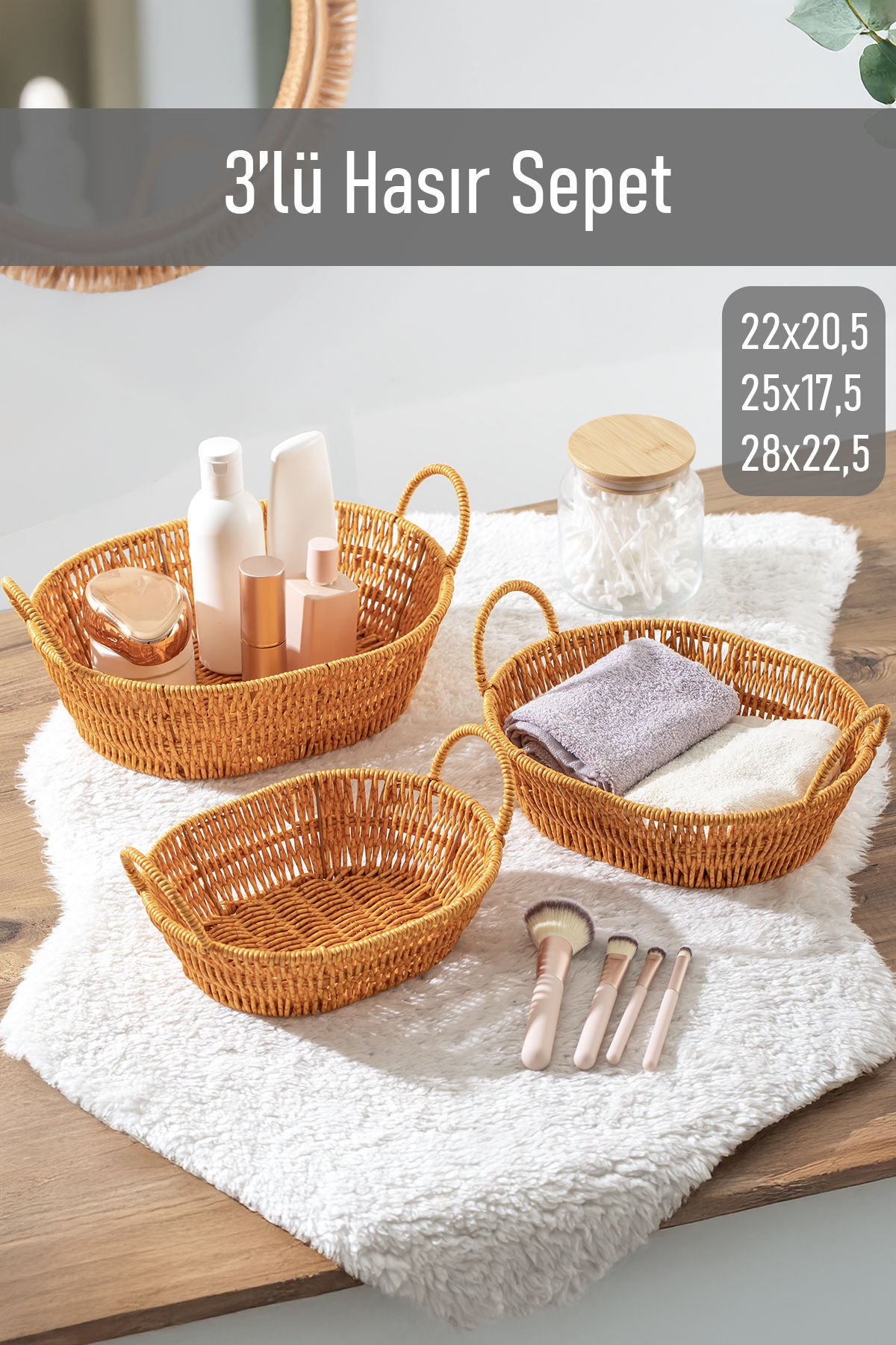 Porsima 302-A Oval 3'lü Hasır Sepet Dekoratif Ev Düzenleyici Kendinden Kulplu Hasır Sepet Seti Banyo Düzenleyici Sepet