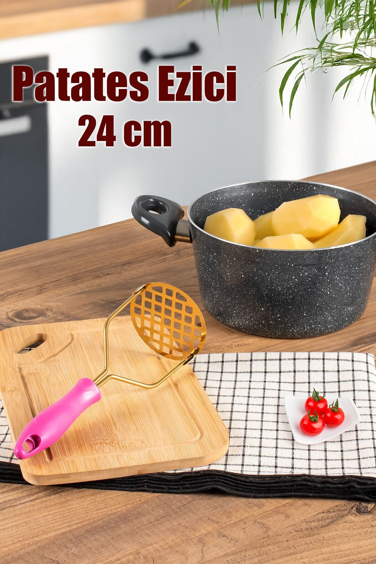 Porsima Patates Ezici Paslanmaz Metal Patates Ezici Püre Yapıcı Renkli Patates Ezeceği 24cm - Fuşya
