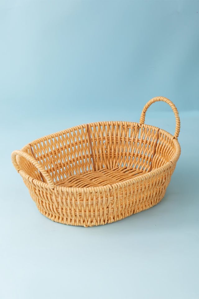 Porsima 302-B Oval 3'lü Hasır Sepet Dekoratif Ev Düzenleyici Kendinden Kulplu Hasır Sepet Seti Banyo Düzenleyici Sepet