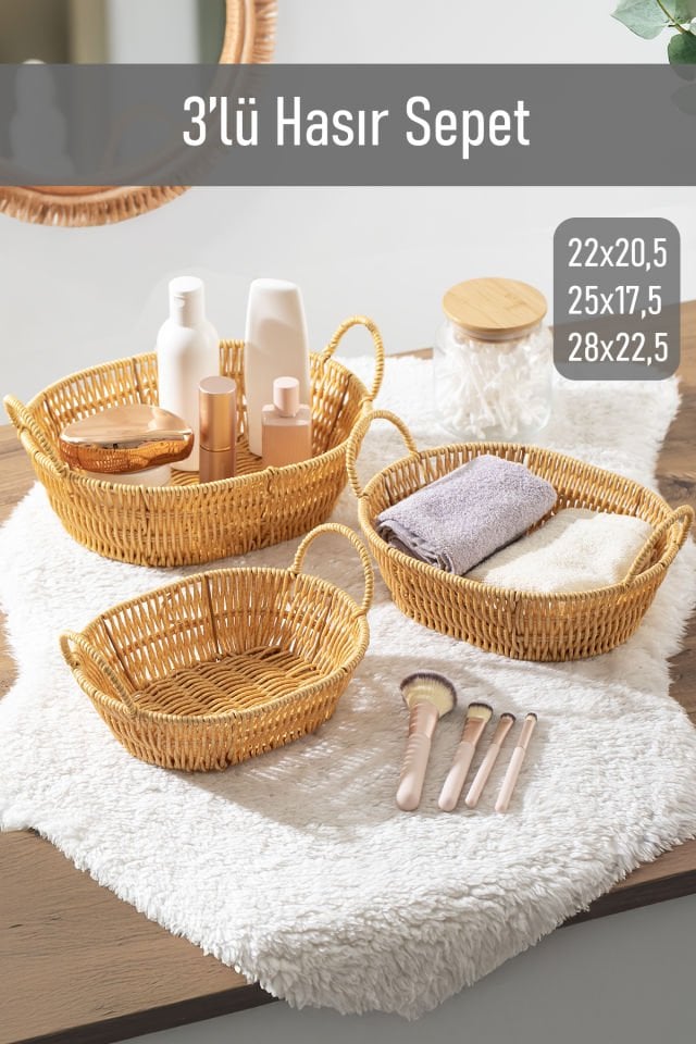 Porsima 302-B Oval 3'lü Hasır Sepet Dekoratif Ev Düzenleyici Kendinden Kulplu Hasır Sepet Seti Banyo Düzenleyici Sepet