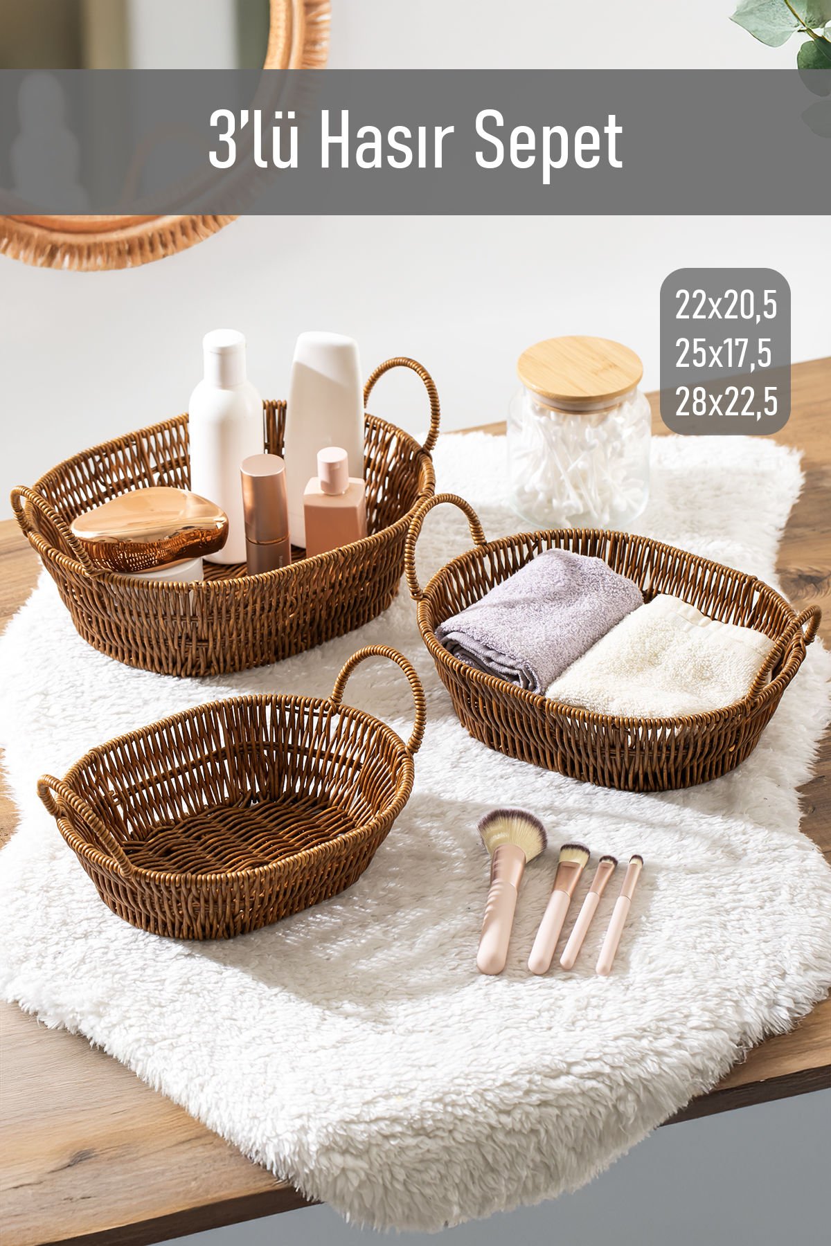 Porsima 302-C Oval 3'lü Hasır Sepet Dekoratif Ev Düzenleyici Kendinden Kulplu Hasır Sepet Seti Banyo Düzenleyici Sepet