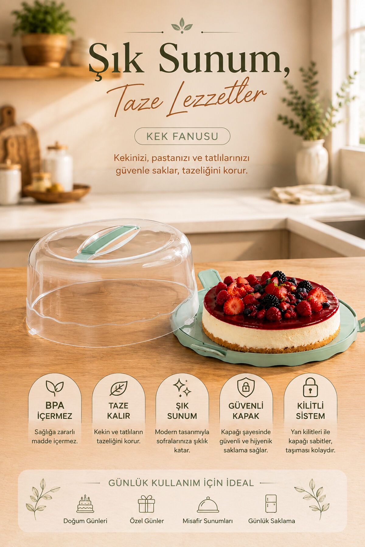 Porsima L-00501-2 Kilitli Kulplu Yuvarlak Kek ve Pasta Taşıma Fanusu 26 cm – Yeşile Çalan Turkuaz / Su Yeşili