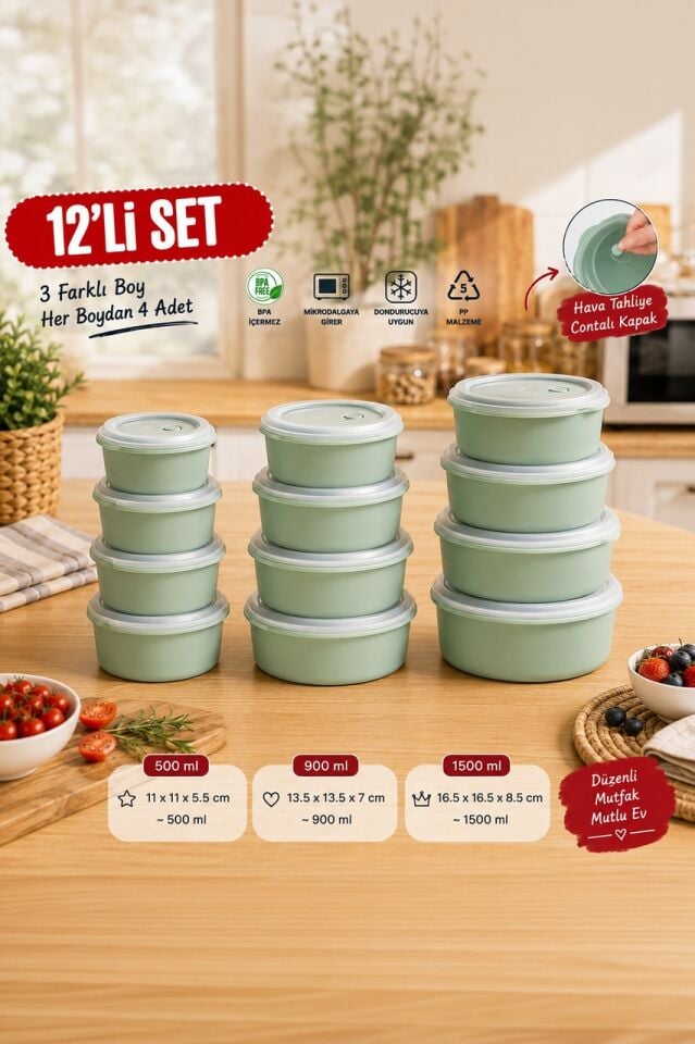 Porsima 5318 12 Parça Yuvarlak Hava Tahliye Valfli Saklama Kabı Seti – Yeşil (3 Farklı Boy x 4 Adet)