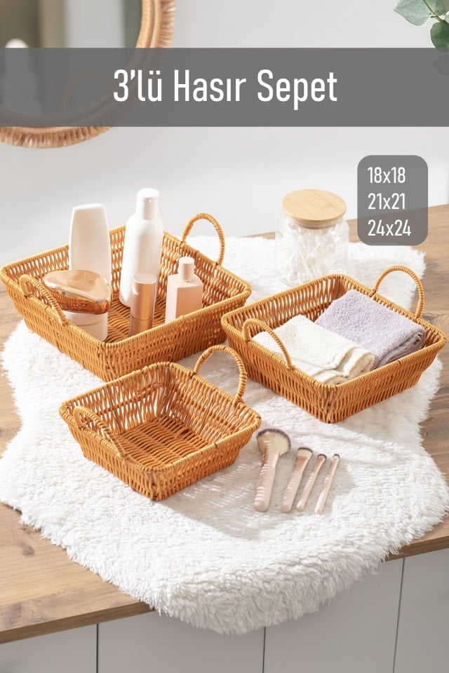 Porsima 303-D Kare 3'lü Hasır Sepet Dekoratif Ev Düzenleyici Kendinden Kulplu Hasır Sepet Seti Banyo Düzenleyici Sepet