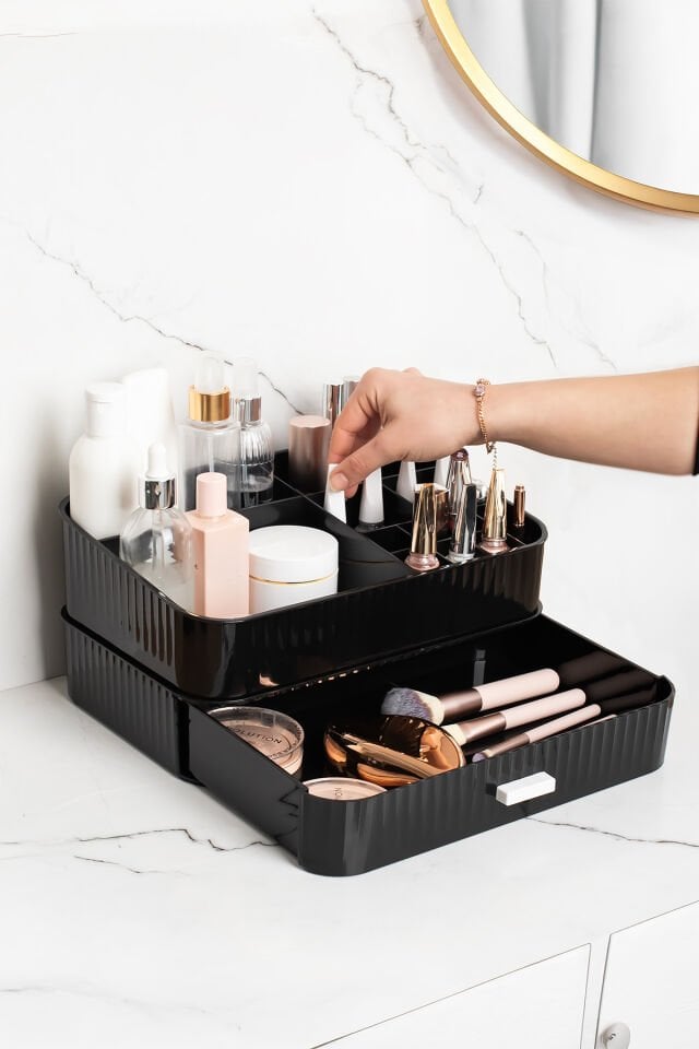 Porsima 0619 Çekmeceli Takı Makyaj Organizeri Düzenleyici Makyaj Çekmeceli Bijuteri Mücevher Kutusu Siyah