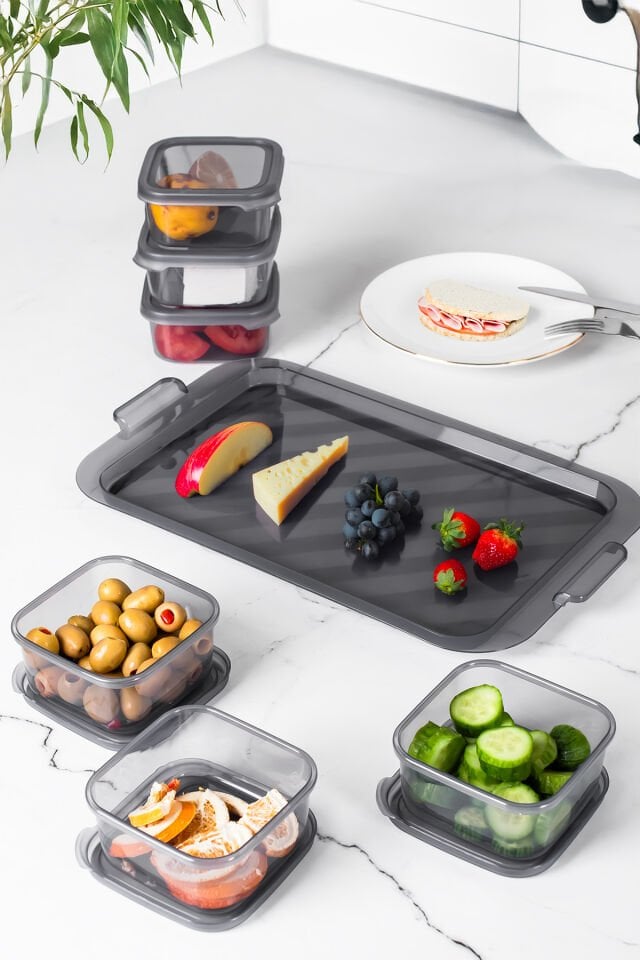 Porsima 2043 Tepsili 6lı Kahvaltılık Saklama Kabı Silikon Kapaklı Saklama Kabı Kapaklı Kahvaltılık Seti Füme