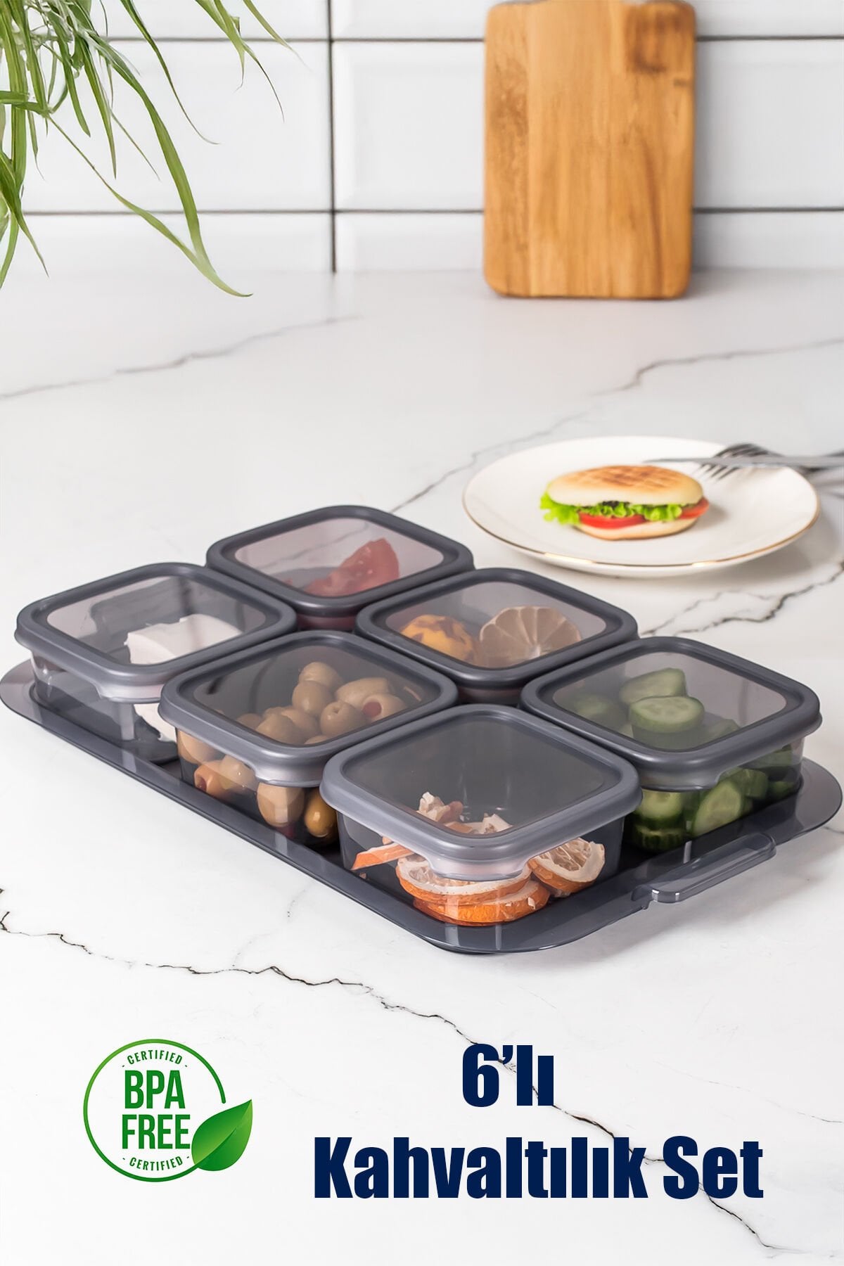 Porsima 2043 Tepsili 6lı Kahvaltılık Saklama Kabı Silikon Kapaklı Saklama Kabı Kapaklı Kahvaltılık Seti Füme