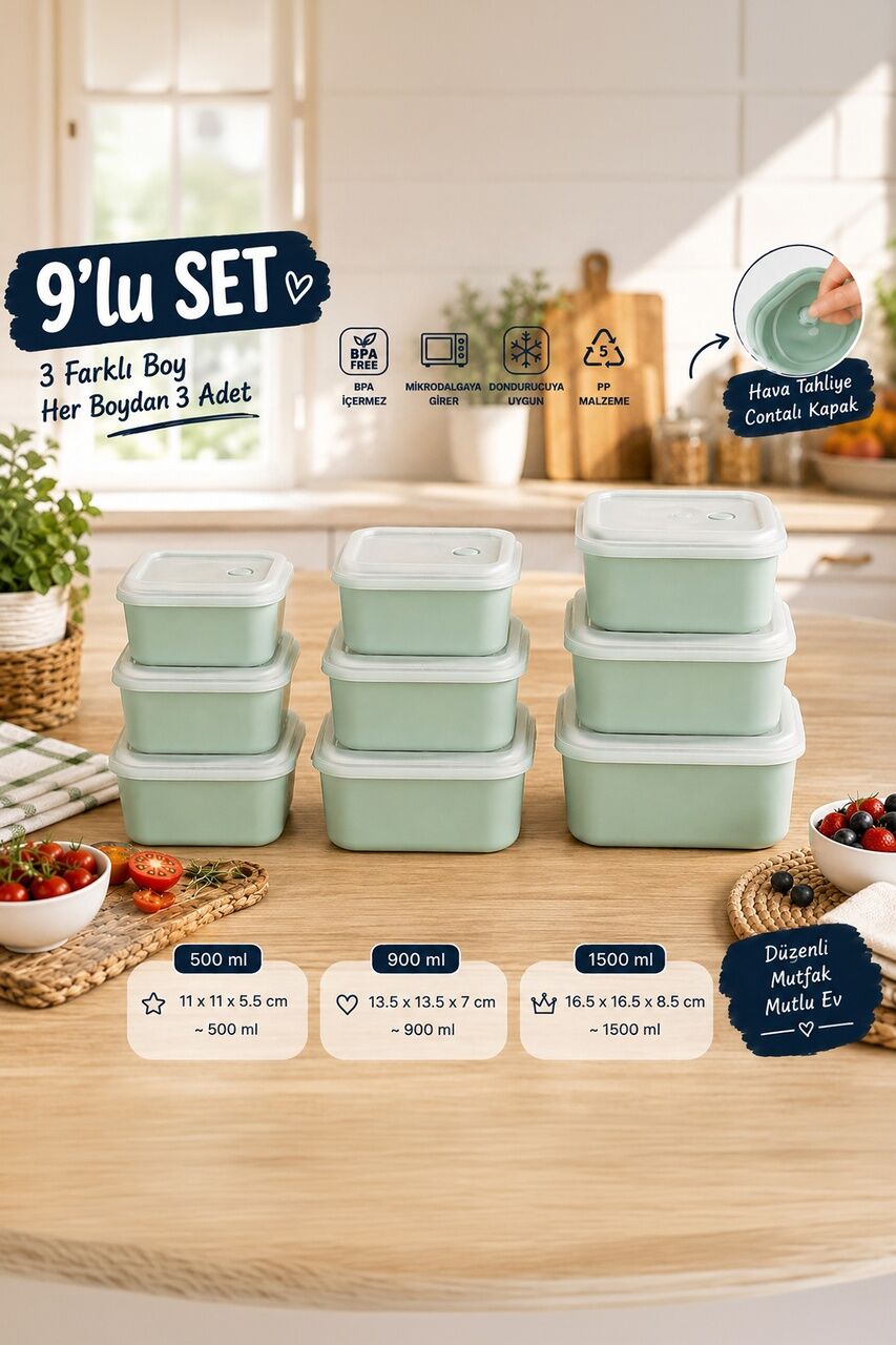 Porsima 5316 9 Parça Kare Hava Tahliye Valfli Saklama Kabı Seti – Yeşil (3 Farklı Boy x 3 Adet)