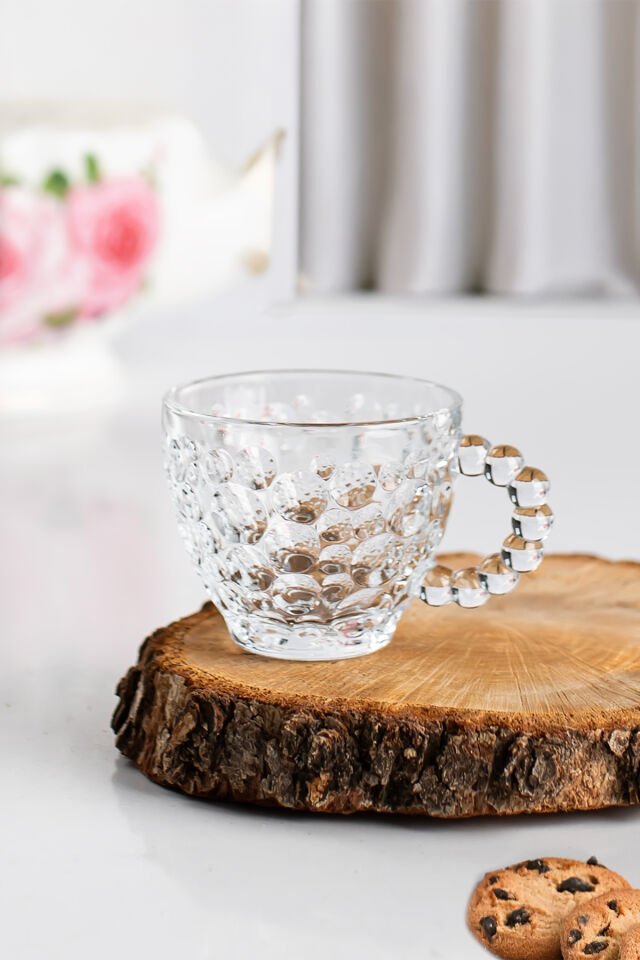 Porsima Cherry Coffee 6'lı Taşlı Boncuklu Cam Kahve Takımı Çay Fincanı Lüks Kaliteli Cam Fincan 80ml