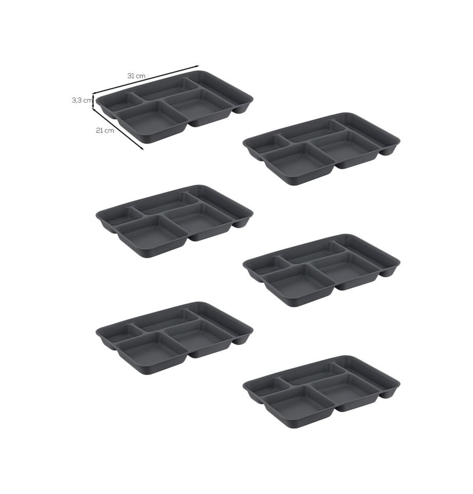 6 adet 5 Bölmeli  BPA İçermez Lüks Plastik Piknik Yemek Servis Tabağı-Tabldot Servis Tabağı Antrasit-21*31*3,5 cm