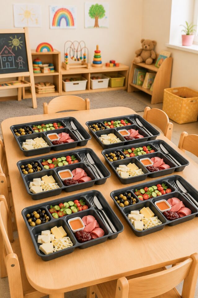 6 adet 5 Bölmeli  BPA İçermez Lüks Plastik Piknik Yemek Servis Tabağı-Tabldot Servis Tabağı Antrasit-21*31*3,5 cm