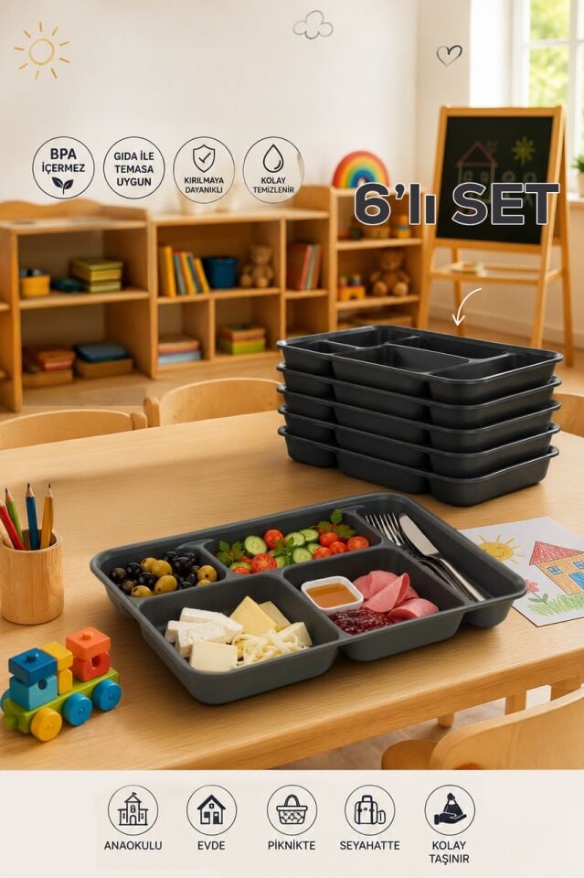 6 adet 5 Bölmeli  BPA İçermez Lüks Plastik Piknik Yemek Servis Tabağı-Tabldot Servis Tabağı Antrasit-21*31*3,5 cm