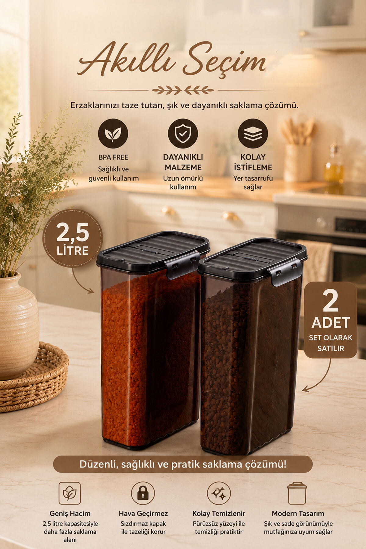 Porsima L-00895 2'li Erzak Saklama Kabı Seti – Hava Geçirmez Kapaklı,Düzenleyici Mutfak Saklama Kabı,Tablet Toz Deterjan Saklama kabı 2,5 Litre Füme