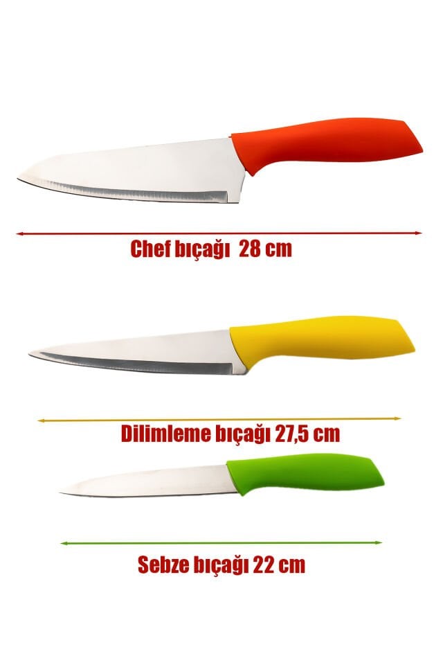 Porsima 3155 - 3'lü Bıçak Seti Meyve, Et Doğrama Bıçağı Şef Bıçakları Kaliteli Sağlam Bıçaklar 28x27.5x22cm