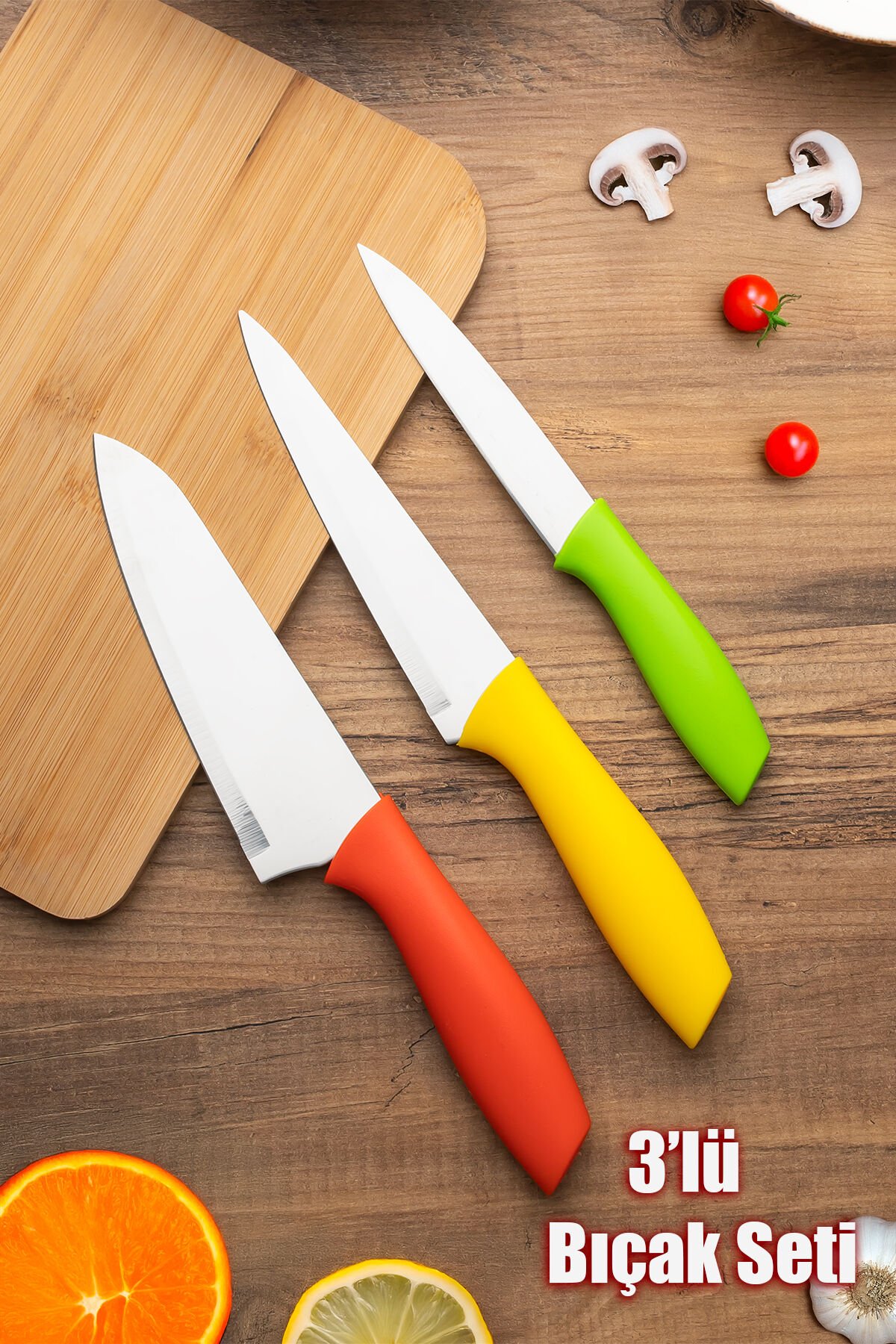 Porsima 3155 - 3'lü Bıçak Seti Meyve, Et Doğrama Bıçağı Şef Bıçakları Kaliteli Sağlam Bıçaklar 28x27.5x22cm