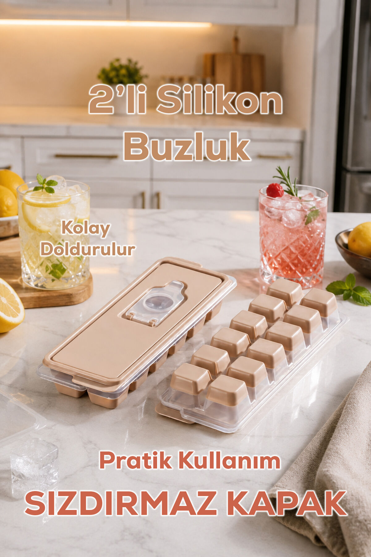 Porsima Kapaklı Silikon Buz Kalıbı Seti 2 Adet Dökülmez Buz Yapma Kabı - Cappuccino