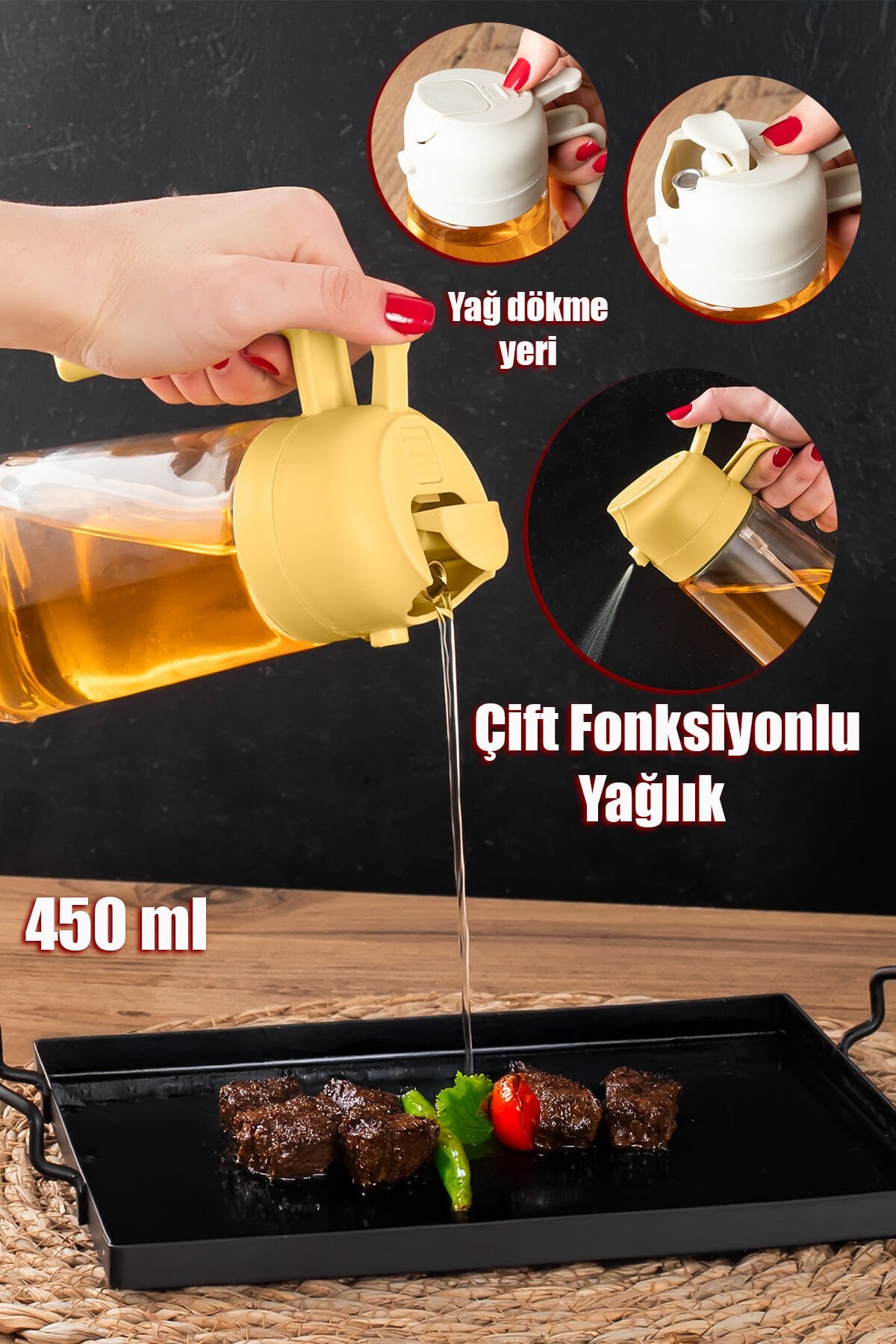 Porsima Alk-3157 Çok Amaçlı Cam Sprey Şişe -yağdanlık Limon Sirke Sos Püskürtücü, Sızdırmaz Yağlık Sarı