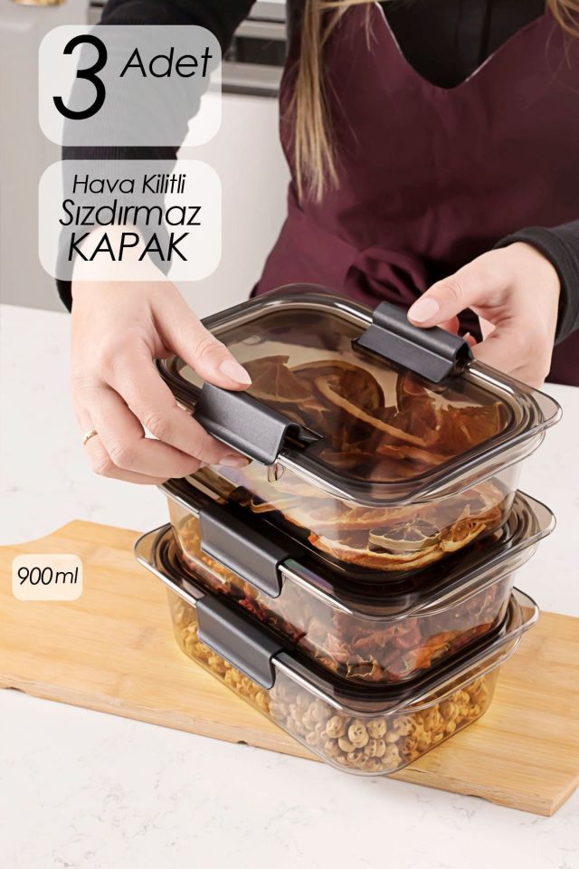 Porsima Org-130 3'lü Kristal Hava Aldırmaz Saklama Kabı-meyve & Sebze Saklama Kabı Seti 900ml-füme