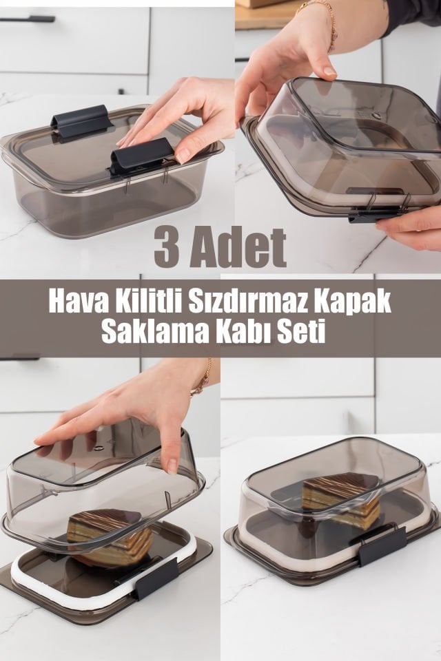Porsima Org-130 3'lü Kristal Hava Aldırmaz Saklama Kabı-meyve & Sebze Saklama Kabı Seti 900ml-füme