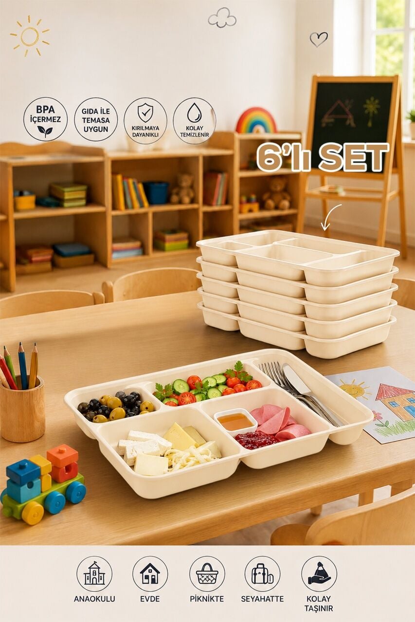 Porsima 6 adet 5 Bölmeli  BPA İçermez Lüks Plastik Piknik Yemek Servis Tabağı-Tabldot Servis Tabağı Krem -21x31x3,5 cm