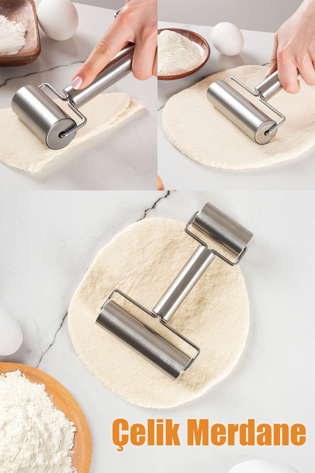 Porsima 226 Paslanmaz Çelik Pratik Rulo Pürüzsüz Oklava Pizza Börek Açma Aparatı Silindir Merdane