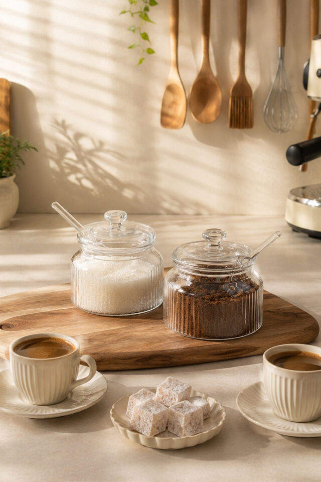 Porsima LM-0018 Kaşıklı Kapaklı Cam 2li Şekerlik Sunumluk Seti Bal Ve Reçel Kavanozu Saklama Kabı 200ml