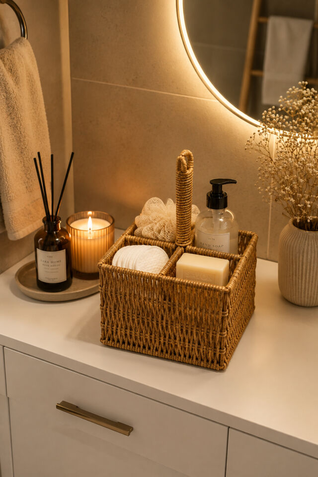 Porsima DHZ07349 Dekoratif Doğal Hasır 4 Bölmeli Banyo Mutfak Organizeri Banyo Mutfak Düzenleyici 15x15x11,5cm