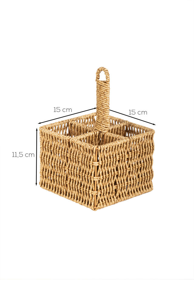 Porsima DHZ07349 Dekoratif Doğal Hasır 4 Bölmeli Banyo Mutfak Organizeri Banyo Mutfak Düzenleyici 15x15x11,5cm
