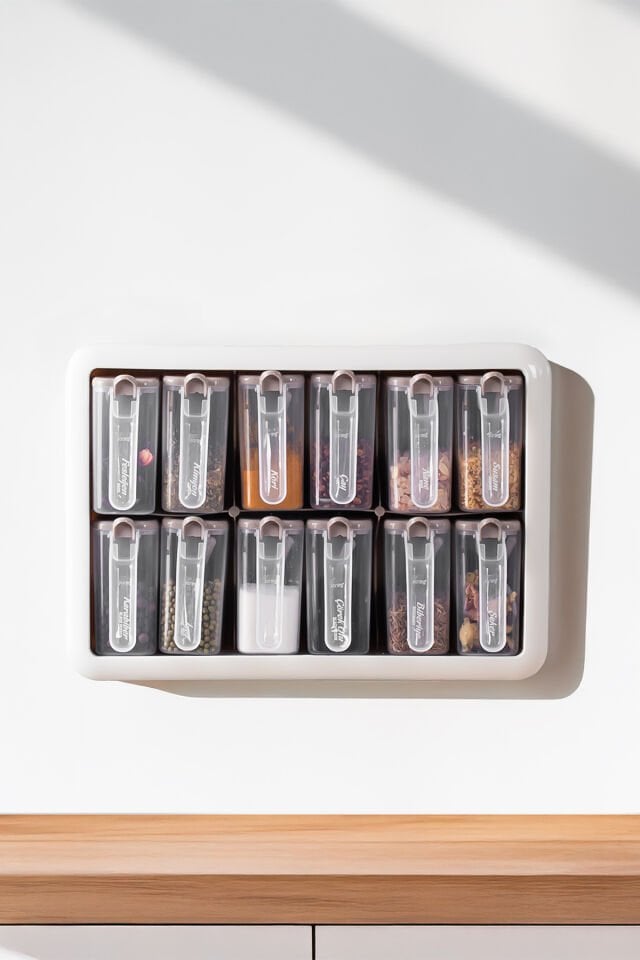 Porsima Simple 1167 Random 12'li Standlı,Yapışkanlı,Kaşıklı,Kapaklı Baharatlık Saklama Kabı Seti-Cappuccino