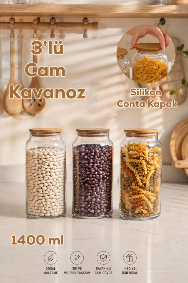 Herevin 232009-000 Cam Saklama Kavanozu 1400 ml | Ahşap Kapaklı Mutfak Erzak Kavanozu