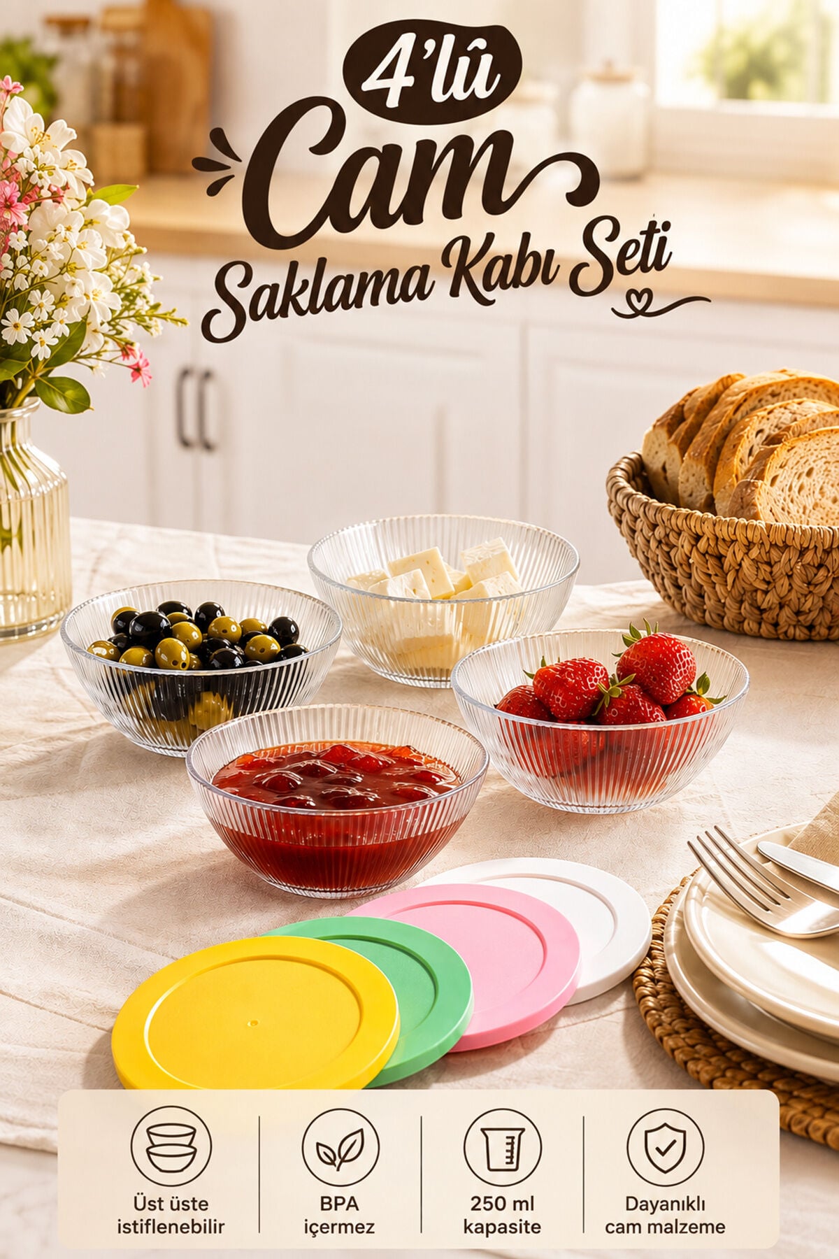 Porsima Sarına 4lü Renkli Kapak Cam Saklama Kabı-Kase 250ml
