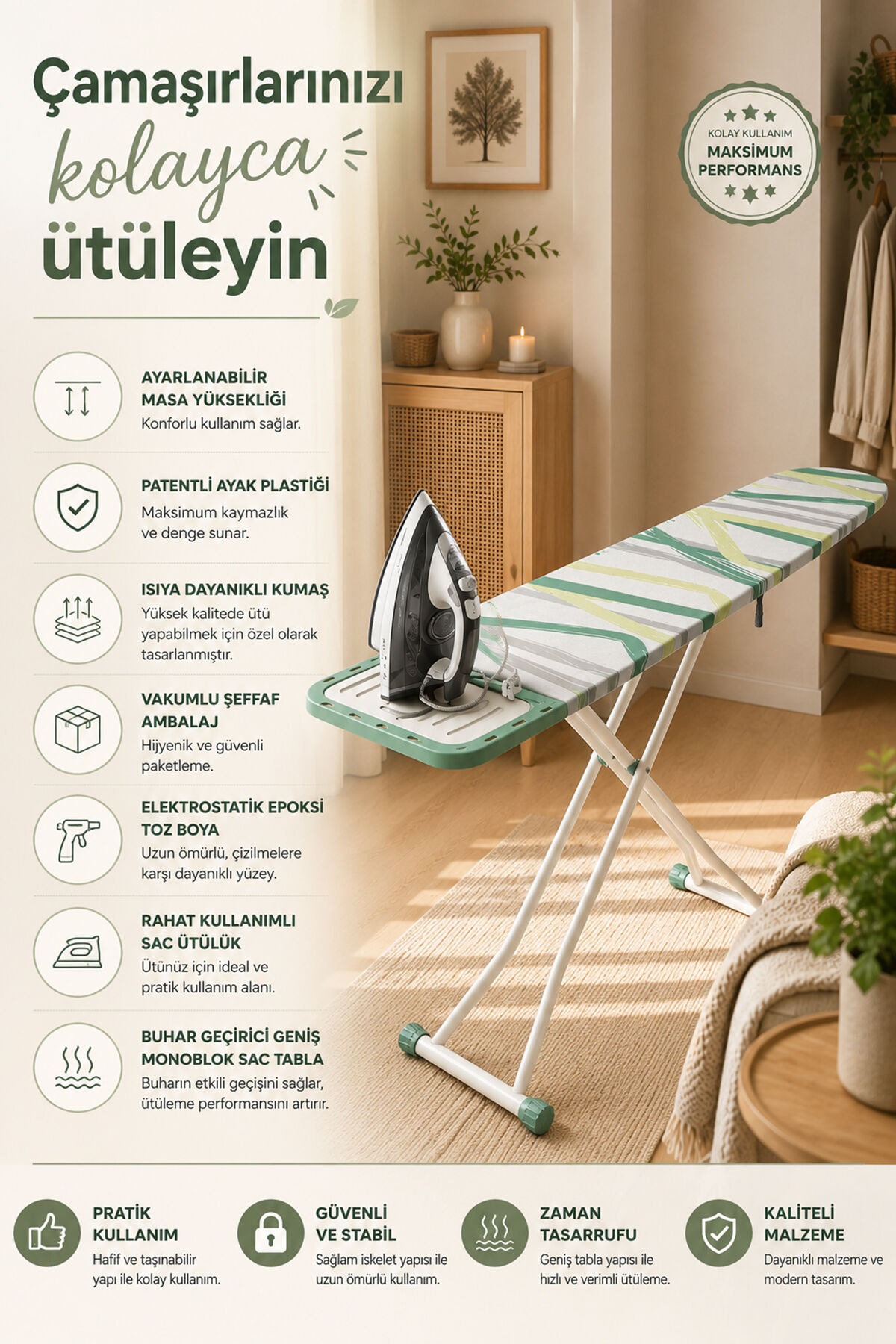 Perilla 15017-11 Aleece Beyaz Katlanabilir Yükseklik Ayarlı Ütü Masası 38x130 cm – Buhar Geçirici Monoblok Sac Tablalı