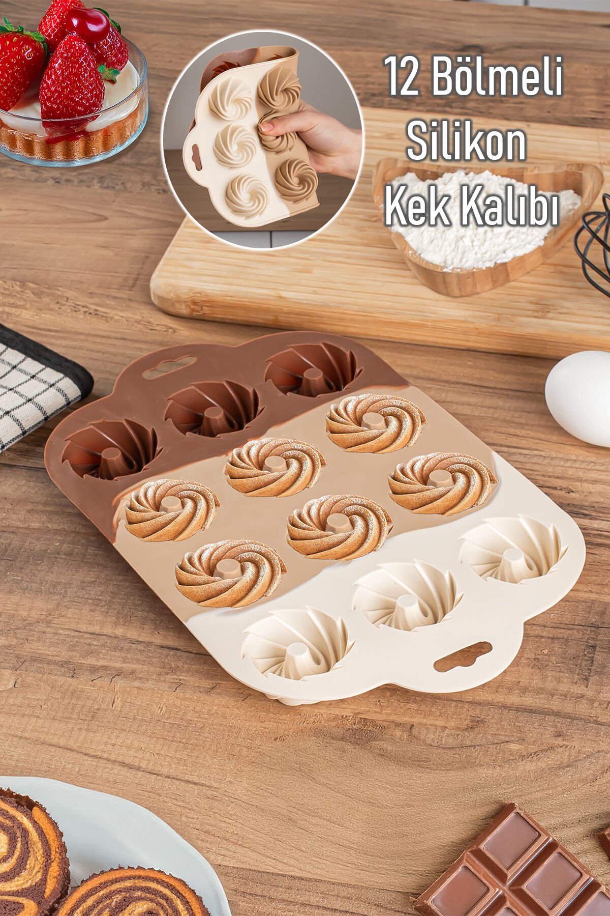 Porsima 185 12'li Silikon Kurabiye Tatlı Kalıbı, Silikon Kalıp Seti, Mini Kek Kalıbı, Çikolata Pişirme Kalıp