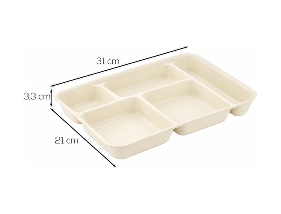 Porsima 5 Bölmeli BPA İçermez Lüks Plastik Piknik Yemek Servis Tabağı Tabldot Servis Tabağı Krem 21x31x3,5 cm