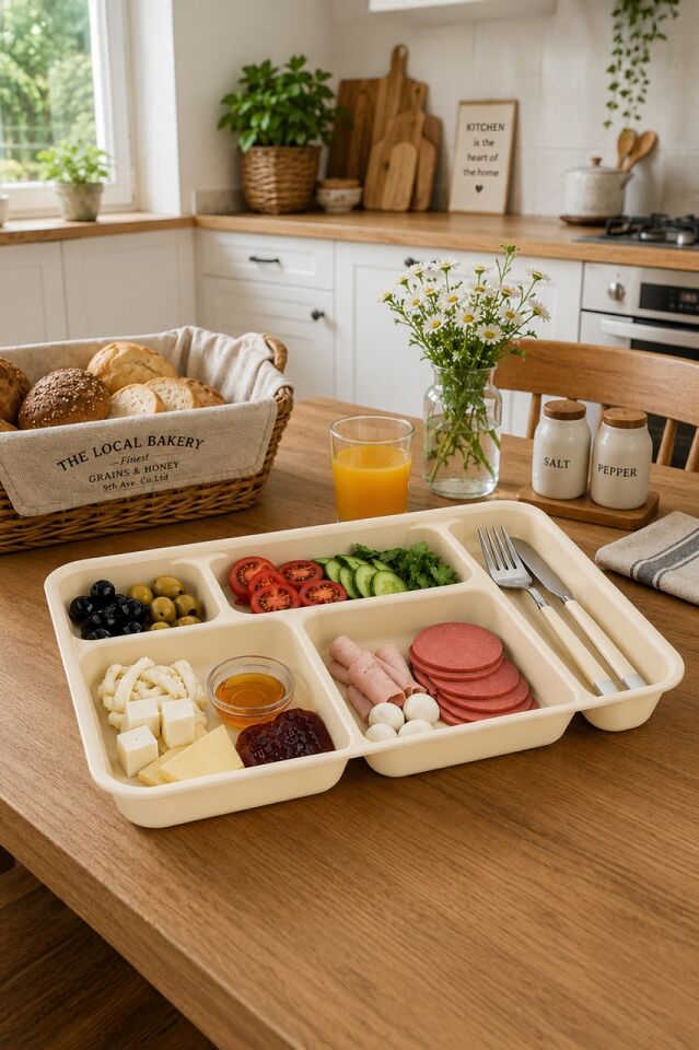 Porsima 5 Bölmeli BPA İçermez Lüks Plastik Piknik Yemek Servis Tabağı Tabldot Servis Tabağı Krem 21x31x3,5 cm