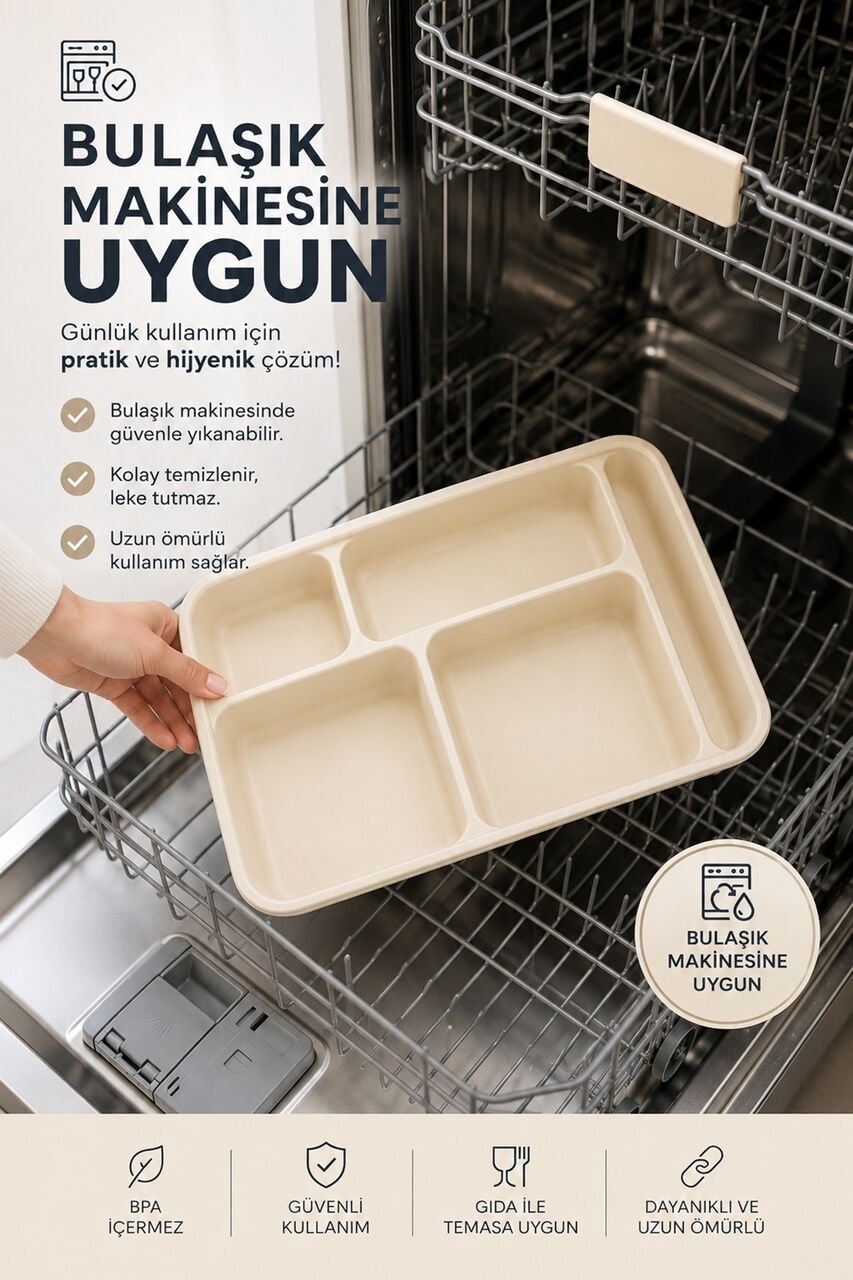 Porsima 5 Bölmeli BPA İçermez Lüks Plastik Piknik Yemek Servis Tabağı Tabldot Servis Tabağı Krem 21x31x3,5 cm