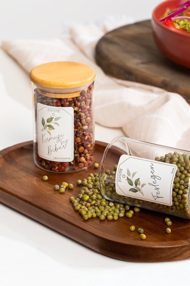 Porsima 3179 Cam 12'li Vakumlu Bambu Kapaklı Borosilikat Baharatlık Seti Takımı,Saklama Kabı Etiketli 150 Ml