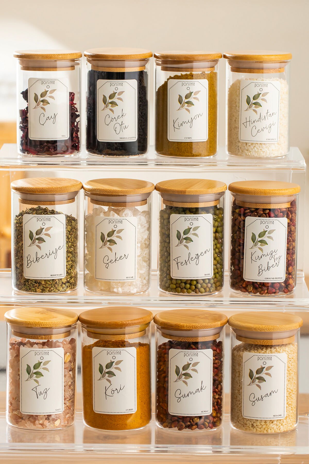 Porsima 3179 Cam 12'li Vakumlu Bambu Kapaklı Borosilikat Baharatlık Seti Takımı,Saklama Kabı Etiketli 150 Ml