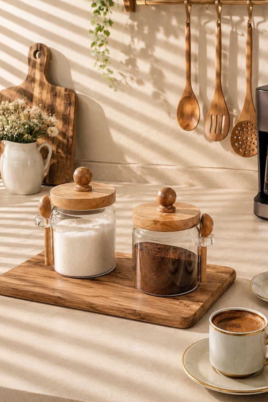 Porsima LM-0057 Bambu Kapaklı Bambu Kaşıklı Cam 2li Şekerlik Sunumluk Seti Bal Ve Reçel Kavanozu Saklama Kabı 450ml