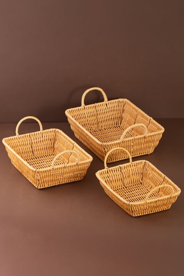 Porsima 301-B Dikdörtgen 3'lü Dekoratif Ev Düzenleyici Kendinden Kulplu Hasır Seti Banyo Düzenleyici Sepet