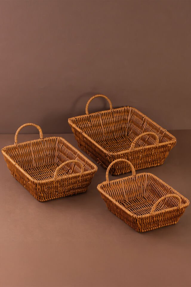 Porsima 301-C Dikdörtgen 3'lü Dekoratif Ev Düzenleyici Kendinden Kulplu Hasır Seti Banyo Düzenleyici Sepet