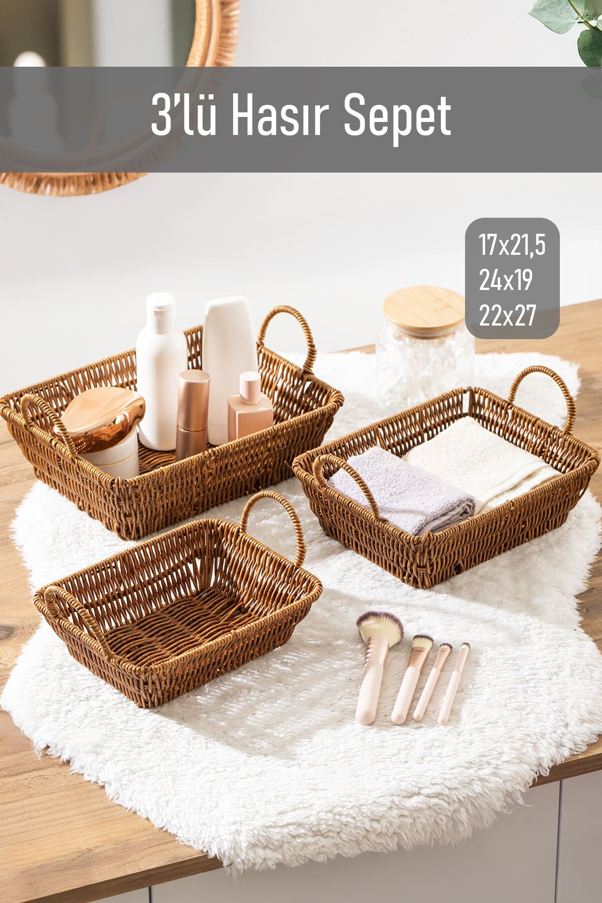 Porsima 301-C Dikdörtgen 3'lü Dekoratif Ev Düzenleyici Kendinden Kulplu Hasır Seti Banyo Düzenleyici Sepet