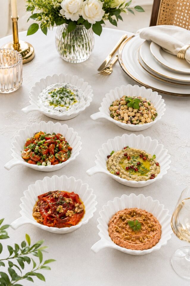 Porsima 6'lı Beyaz Porselen Kulplu Kase Seti – Çerez, Meze, Salata ve Kahvaltılık Servis Kasesi 15cm