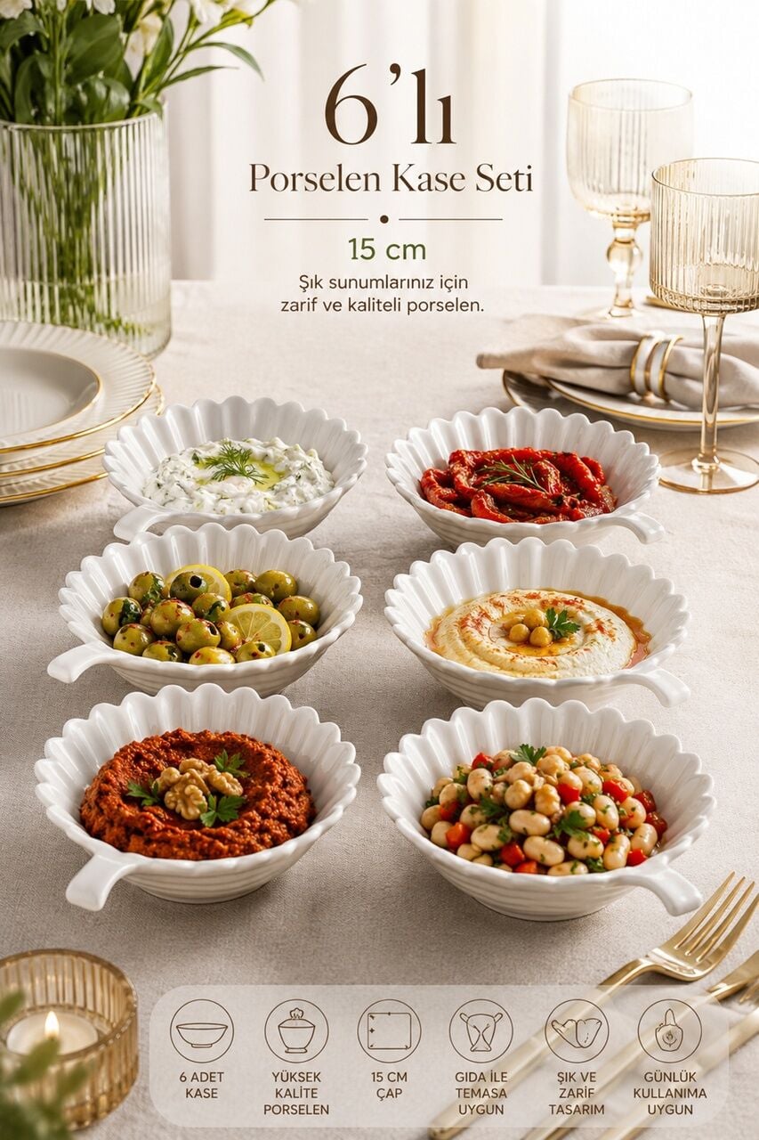 Porsima 6'lı Beyaz Porselen Kulplu Kase Seti – Çerez, Meze, Salata ve Kahvaltılık Servis Kasesi 15cm