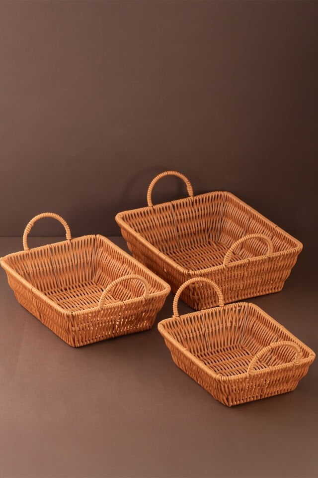 Porsima 301-D Dikdörtgen 3'lü Dekoratif Ev Düzenleyici Kendinden Kulplu Hasır Seti Banyo Düzenleyici Sepet