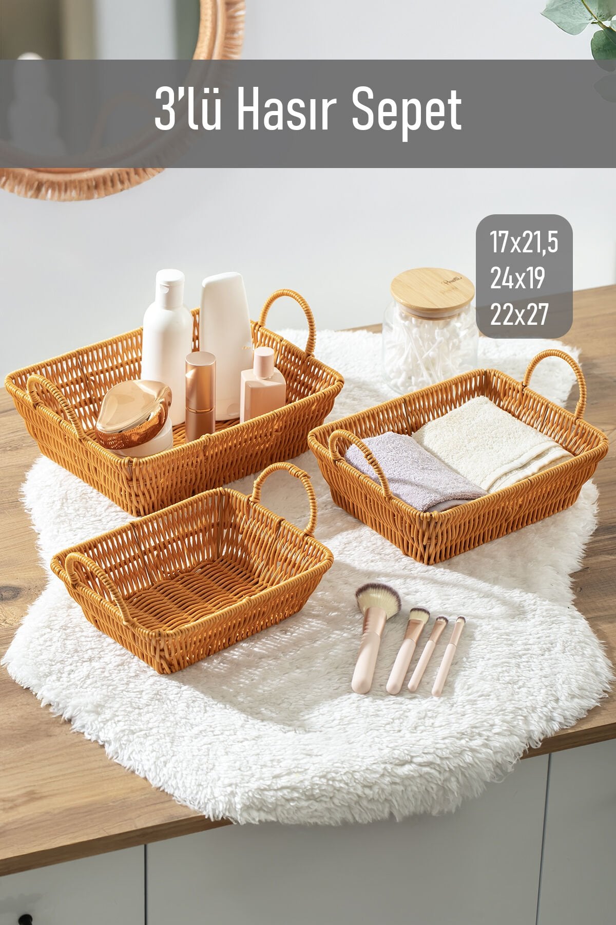 Porsima 301-D Dikdörtgen 3'lü Dekoratif Ev Düzenleyici Kendinden Kulplu Hasır Seti Banyo Düzenleyici Sepet
