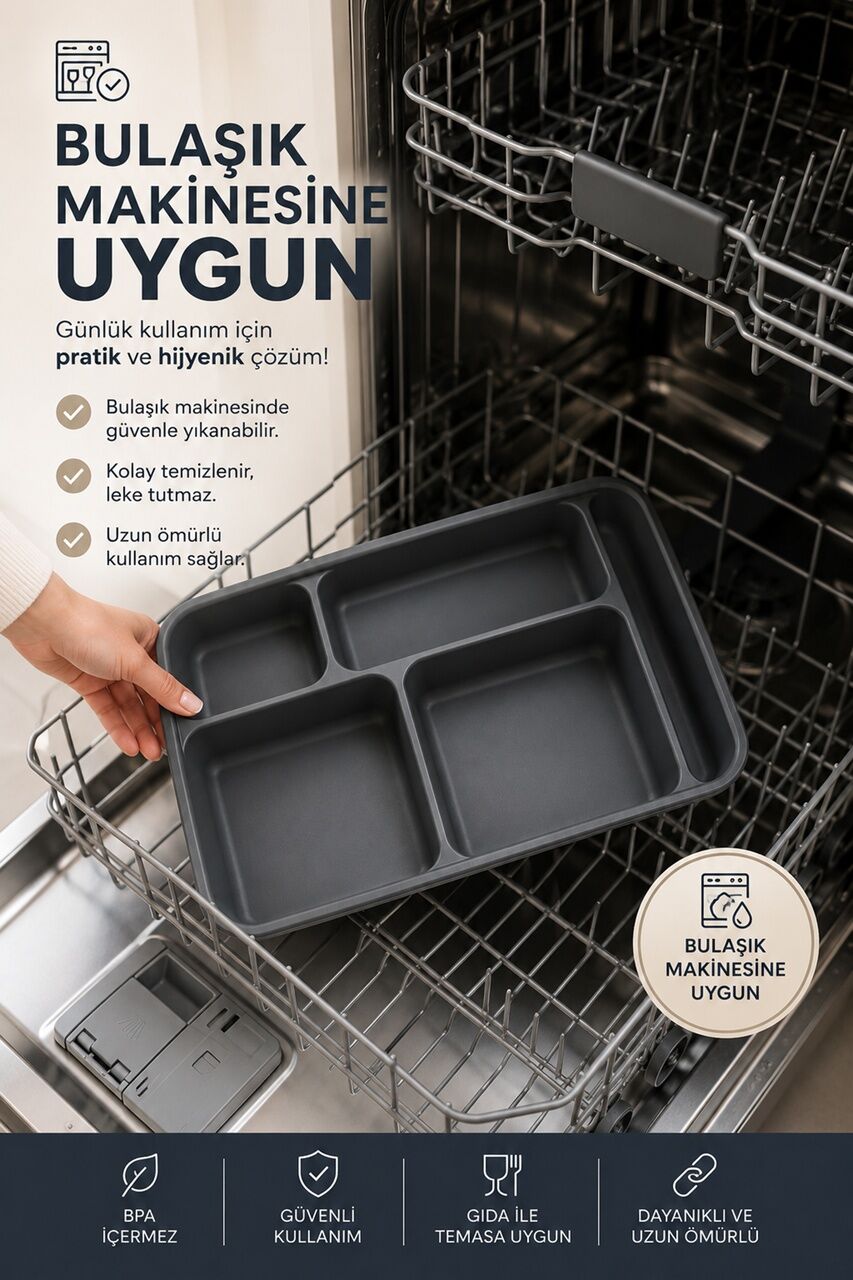 Porsima 5 Bölmeli BPA İçermez Lüks Plastik Piknik Yemek Servis Tabağı Tabldot Servis Tabağı Antrasit 21x31x3,5 cm