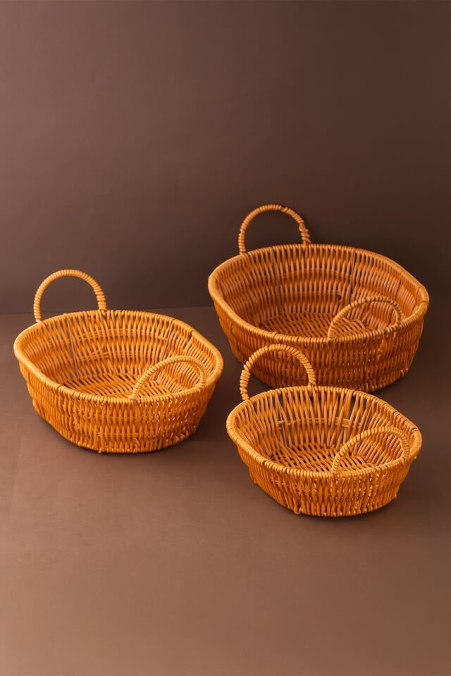 Porsima 302-D Oval 3'lü Dekoratif Ev Düzenleyici Kendinden Kulplu Hasır Seti Banyo Düzenleyici Sepet